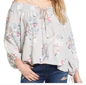 ASTR The Label Floral Off Shoulder Peasant Top Sz M Boho Blouse Grey